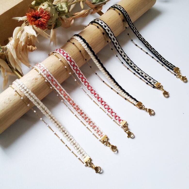 Fleur de coton double doré - Chaîne gourmette blanche et noire